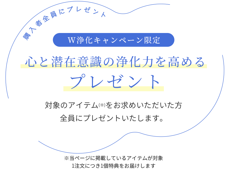 W浄化キャンペーン限定 心と潜在意識の浄化力を高めるプレゼント 対象のセットをお求めいただいた方全員にプレゼントいたします。