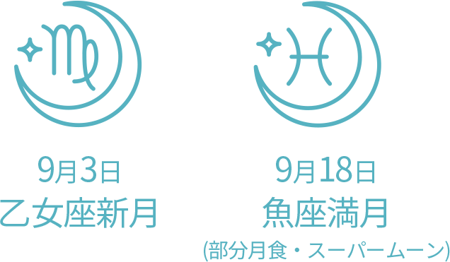 9月3日乙女座新月　9月18日魚座満月（部分月食・スーパームーン）